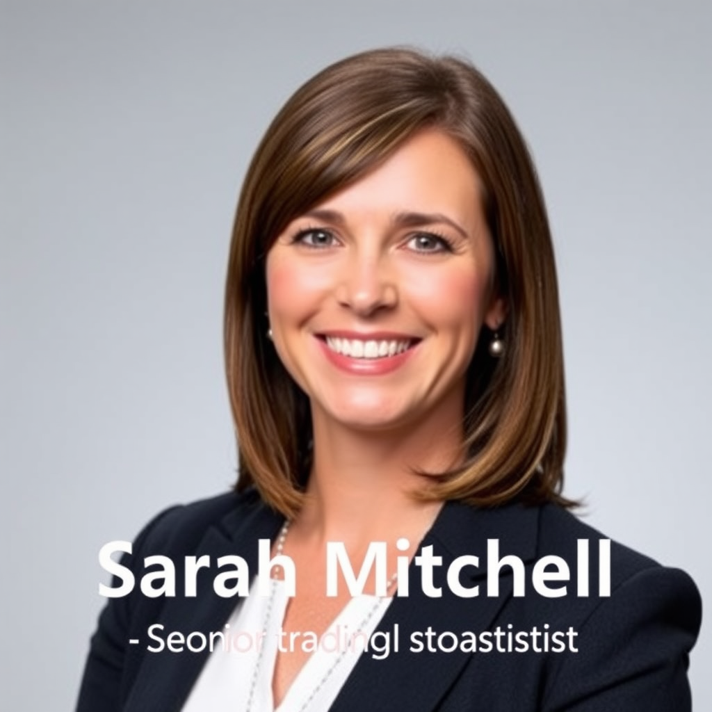 Professional headshot of Sarah Mitchell, Senior Trading Strategist, confident smile, business attire, clean background