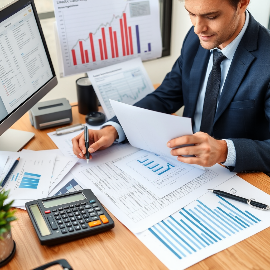 Professional trader analyzing financial documents and loan applications on desk with calculator and charts