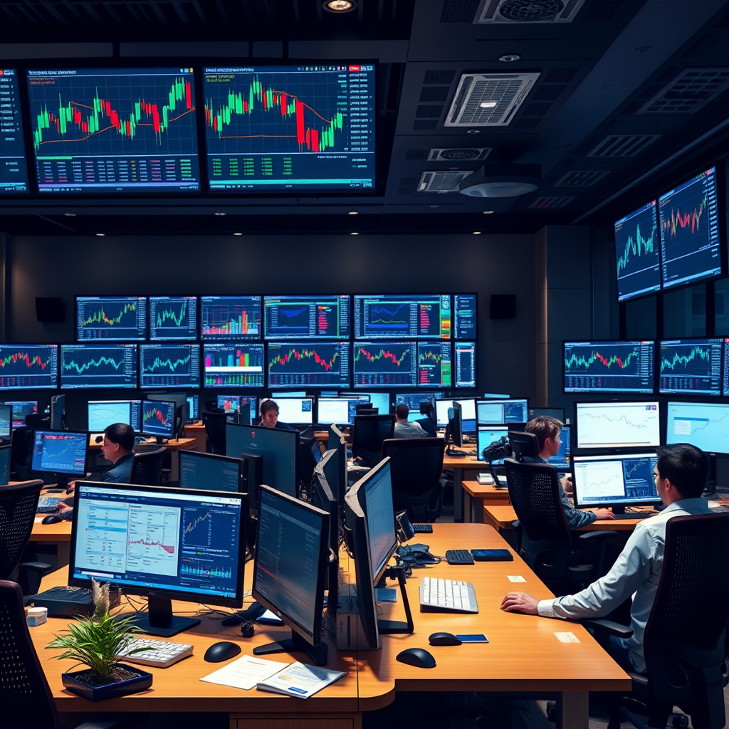 Modern trading office with multiple monitors showing financial charts and data, professional traders working at ergonomic desks with advanced trading equipment and technology setup