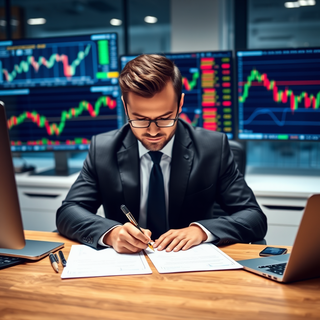 Financial professional in business attire signing mortgage documents at a modern office desk with trading charts visible on computer screens in the background