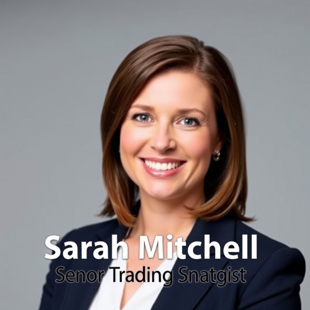 Professional headshot of Sarah Mitchell, Senior Trading Strategist, showing her confident smile in business attire against a neutral background