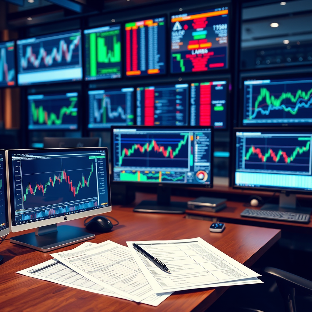 Modern trading office with multiple computer monitors displaying financial charts and business loan documents on executive desk