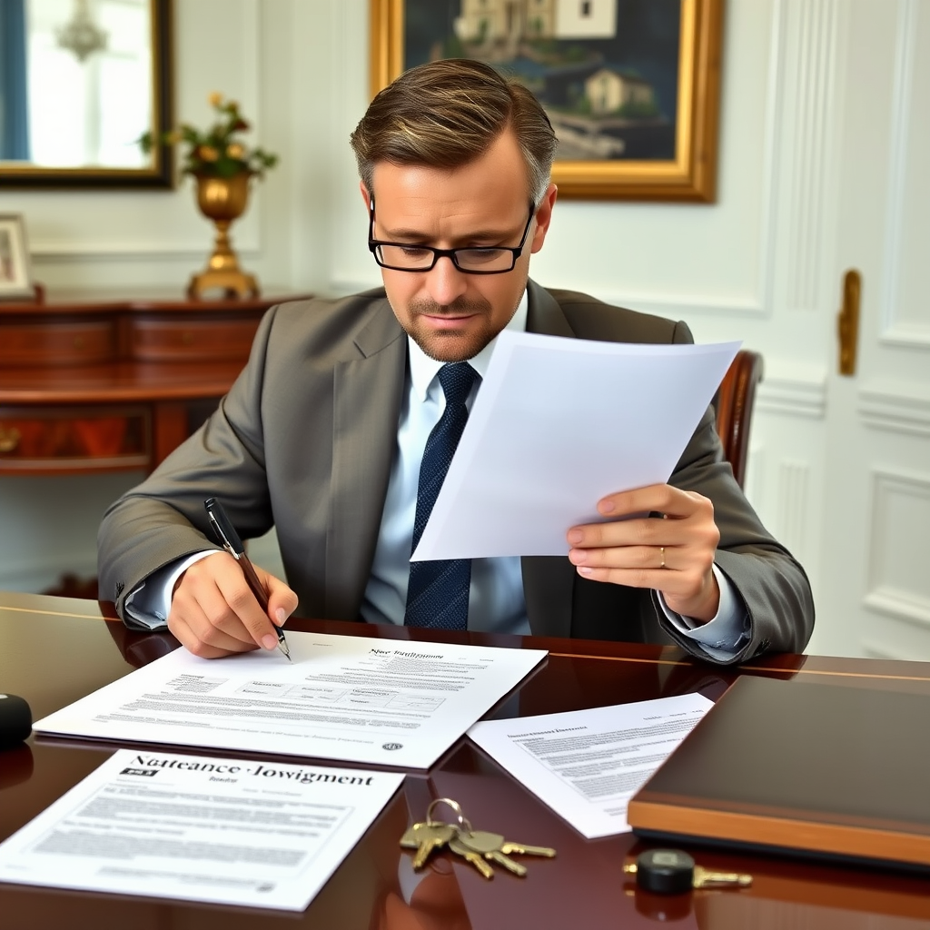 Financial professional in business suit signing mortgage documents at elegant desk with house keys and property documents visible